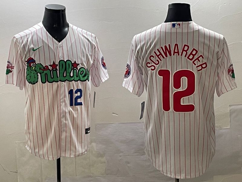 Men Philadelphia Phillies #12 Schwarber White Stripe Three generations Joint Name Game 2025 Nike MLB Jersey style 2